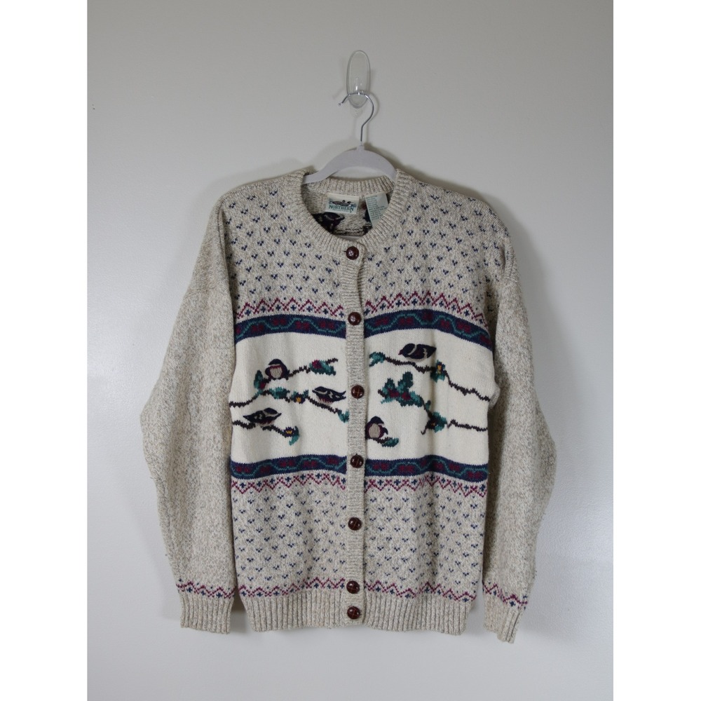 Northern Reflections Vintage Bird Cardigan‎ Sweater Oatmeal Wool Blend Large 400